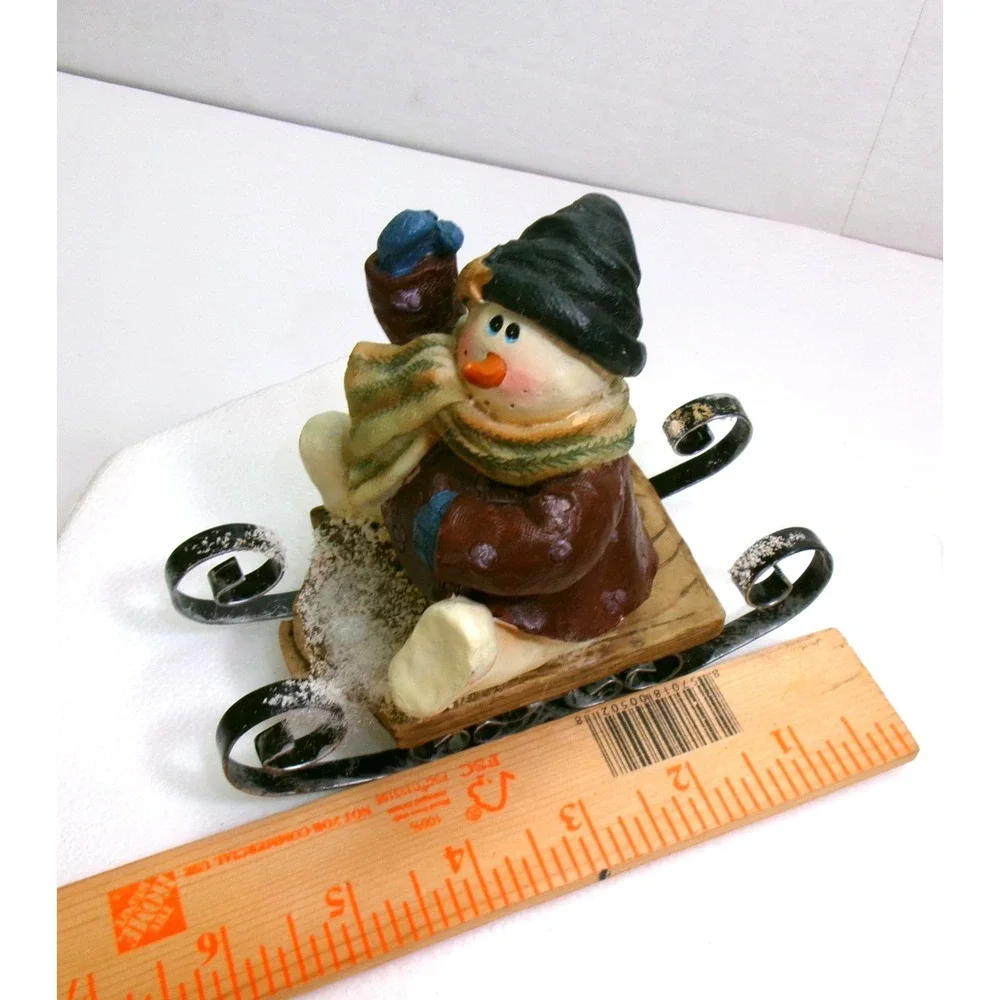 Snowman Set‎ of 3 Figurines Resin with Cherry Pie, Glass & Sledding Vintage